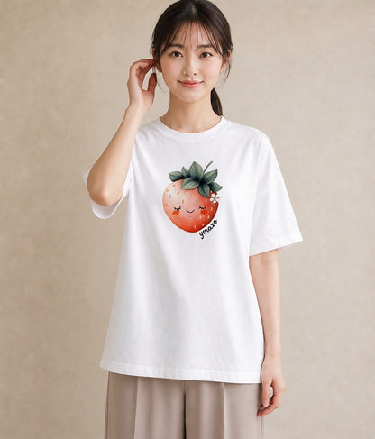 グラフィックTシャツ レディース いちご 苺 ストロベリー 食べ物 フード イラスト 淡色 レイヤード 友達ギフト 白T YMAZO
