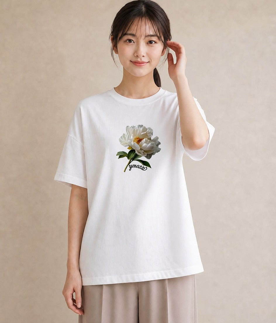 半袖Tシャツ レディース 牡丹 花 花柄 イラスト きれいめカジュアル 旅行用 海 白T YMAZO