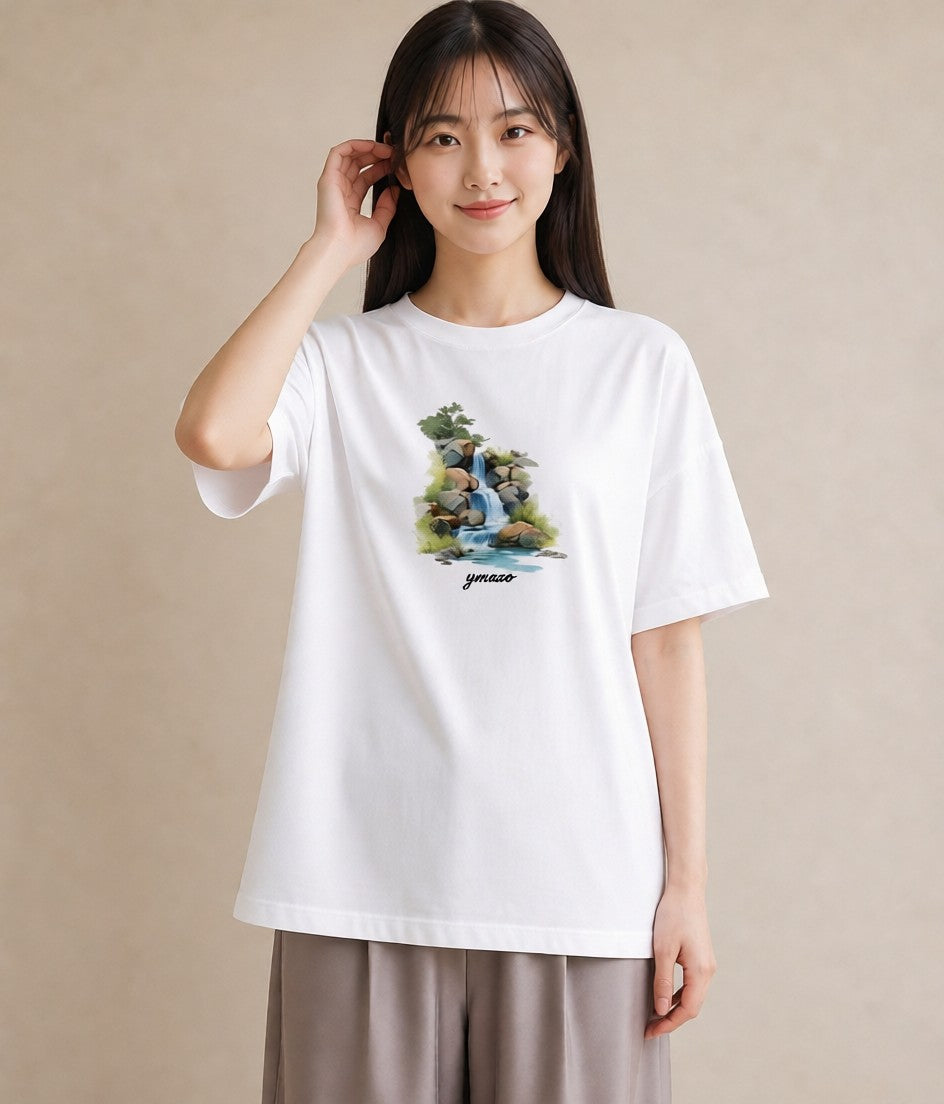 グラフィックTシャツ レディース 小川 橋 せせらぎ ナチュラル アンティーク イラスト シック クリスマス 旅行 白T YMAZO