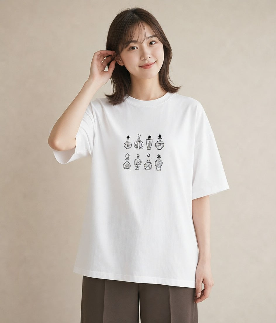 プリントTシャツ レディース 香水 香水瓶 パフューム イラスト ミニマル 秋コーデ おしゃれギフト 白T YMAZO