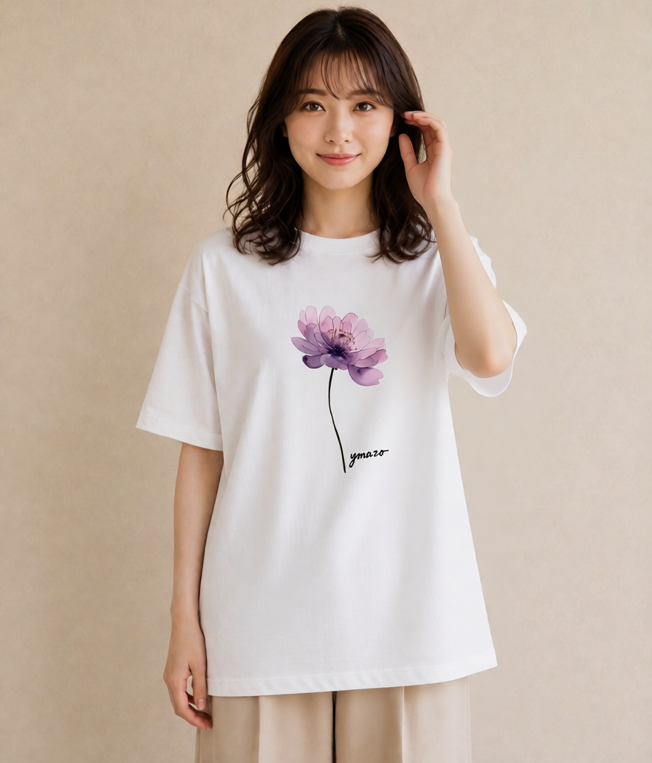 半袖Tシャツ レディース スミレ 花 花柄 イラスト ラフカジュアル 海 カフェ巡り 白T