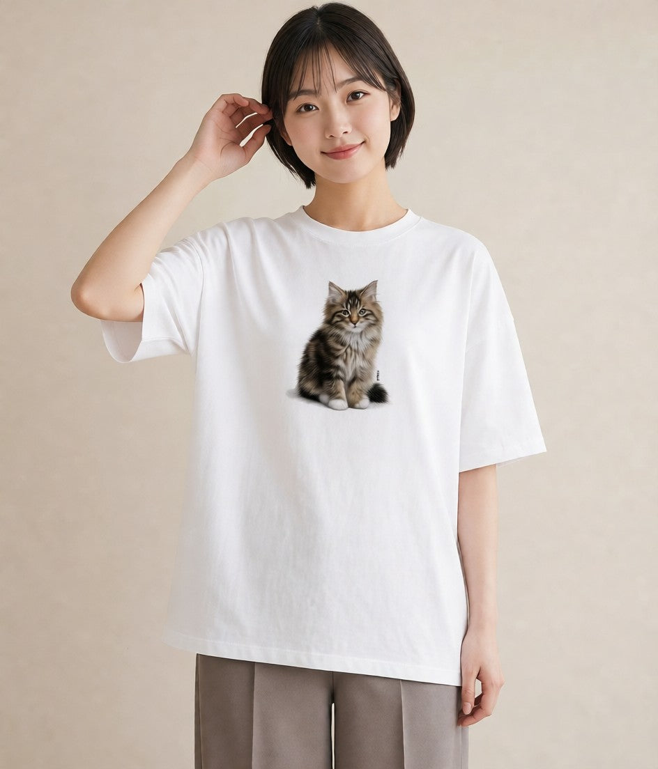 デザインTシャツ レディース メインクーン 猫 ねこ イラスト 上品 ギフト 母の日 白T YMAZO