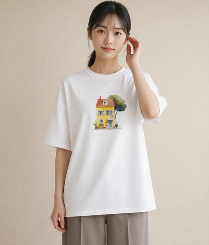Tシャツ レディース 灯りの家 小屋 夜 ナチュラル アンティーク イラスト 上品 旅行 母娘コーデ 白T YMAZO