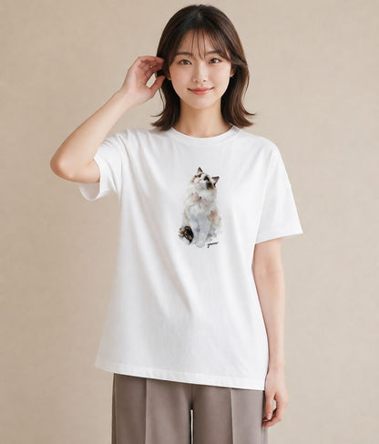 グラフィックTシャツ レディース メインクーン 猫 ねこ イラスト ガーリー 誕生日プレゼント 綿100 白T YMAZO