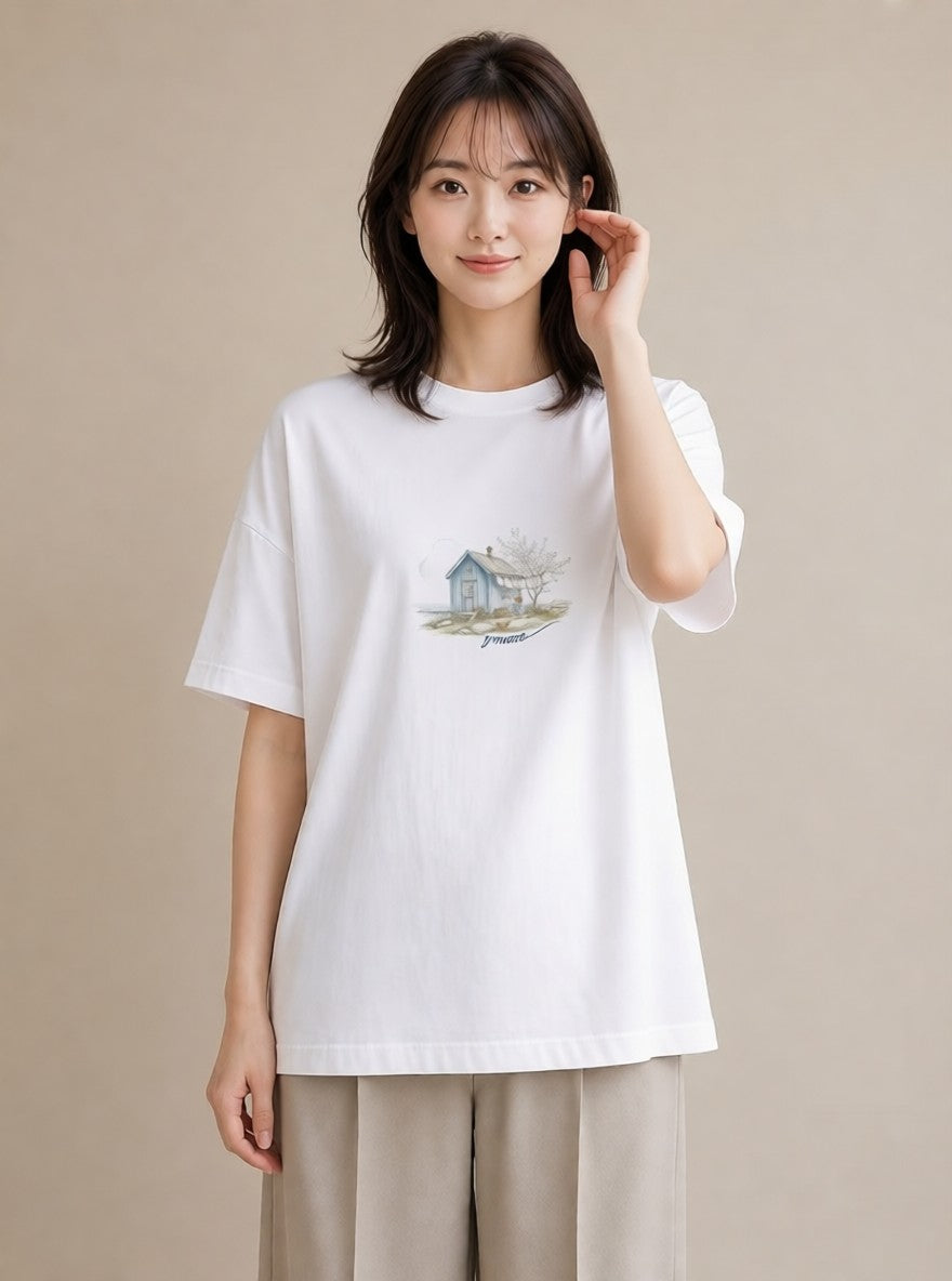 プリントTシャツ レディース 湖畔の小屋 湖 小屋 ナチュラル アンティーク イラスト 可愛い レイヤード 友達ギフト 白T YMAZO