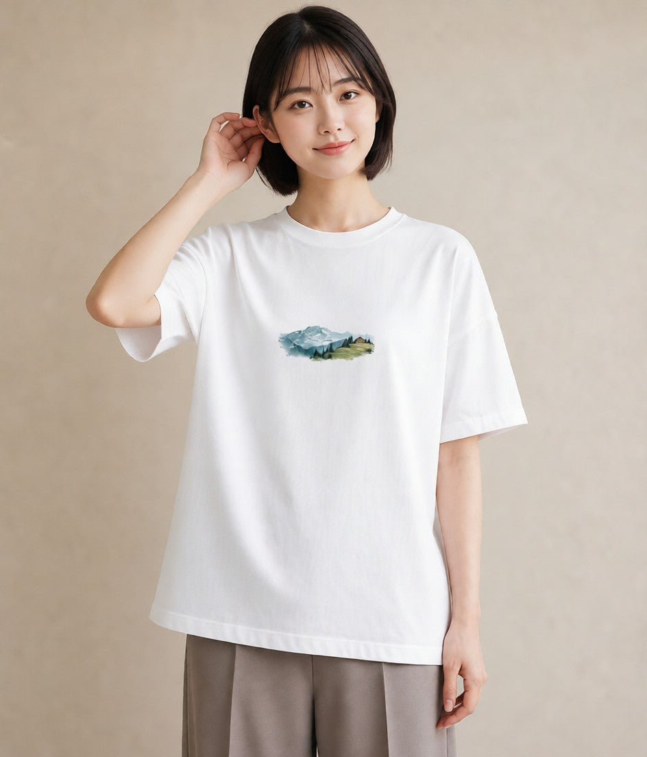グラフィックTシャツ レディース 山 星空 宇宙 イラスト ラフカジュアル 母の日 ビーチ 白T YMAZO
