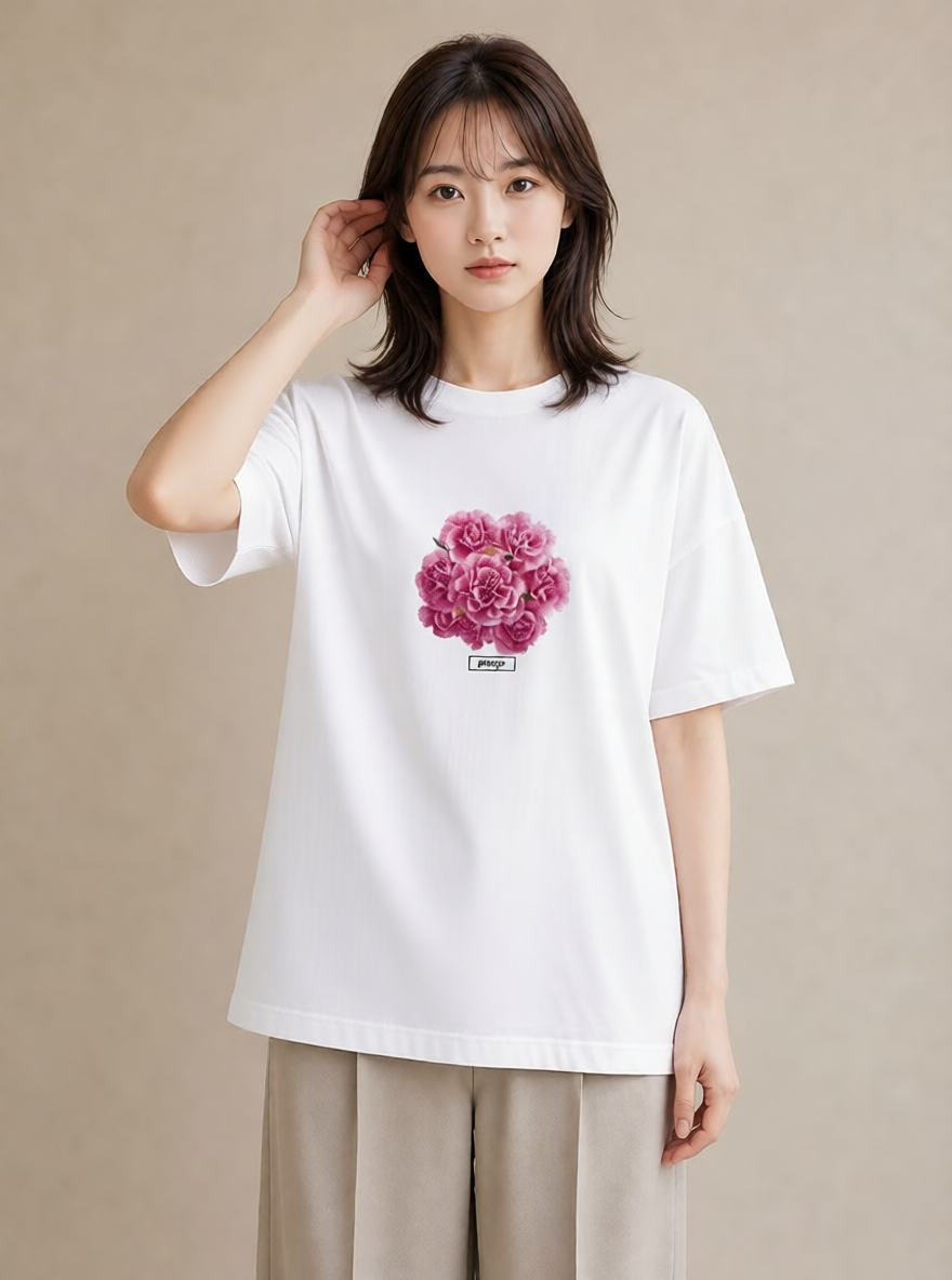 半袖Tシャツ レディース カーネーション 花 花柄 イラスト ゆるコーデ 母の日 ビーチ 白T