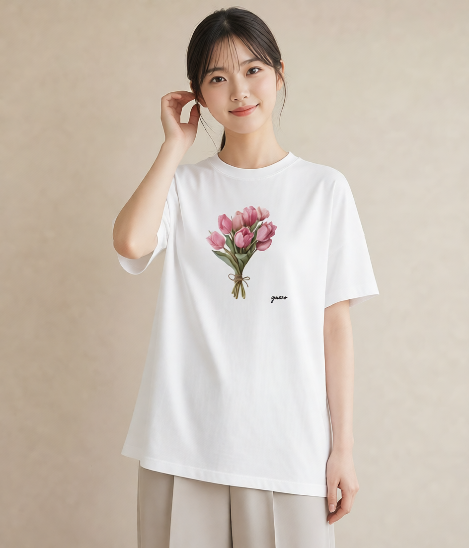 Tシャツ レディース チューリップ 花 花柄 イラスト フェミニン 秋コーデ おしゃれギフト 白T