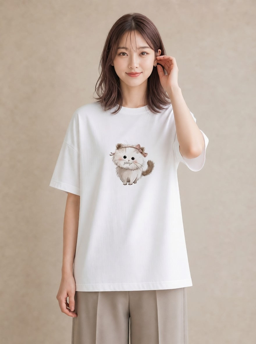 Tシャツ レディース マンチカン 猫 ねこ イラスト お洒落 休日 ペアコーデ 白T YMAZO