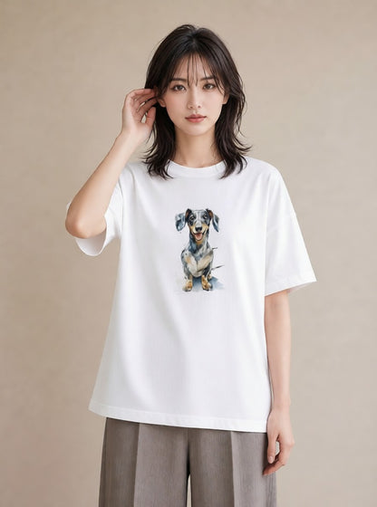 半袖Tシャツ レディース 老犬 犬 いぬ イラスト 北欧風 ママ カフェ服 白T YMAZO