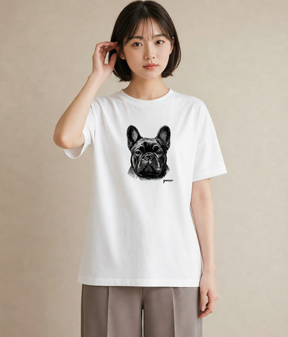 プリントTシャツ レディース フレンチブルドッグ フレブル 犬 いぬ イラスト フェミニン カフェ服 クリスマス 白T YMAZO