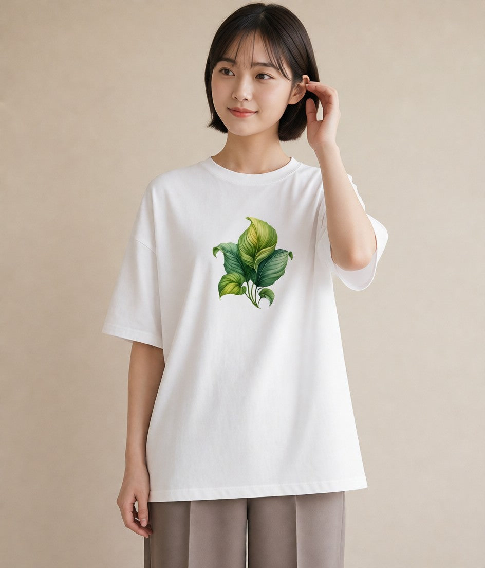 半袖Tシャツ レディース 葉っぱ 植物 ボタニカル イラスト 抜け感 デート 帰省 白T YMAZO