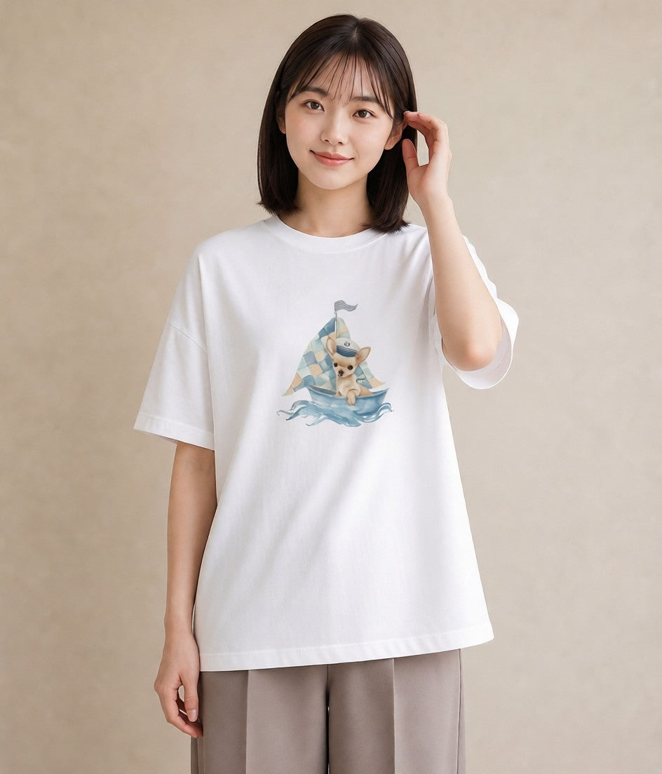 半袖Tシャツ レディース チワワ 犬 いぬ イラスト シック 誕生日プレゼント 綿100 白T YMAZO