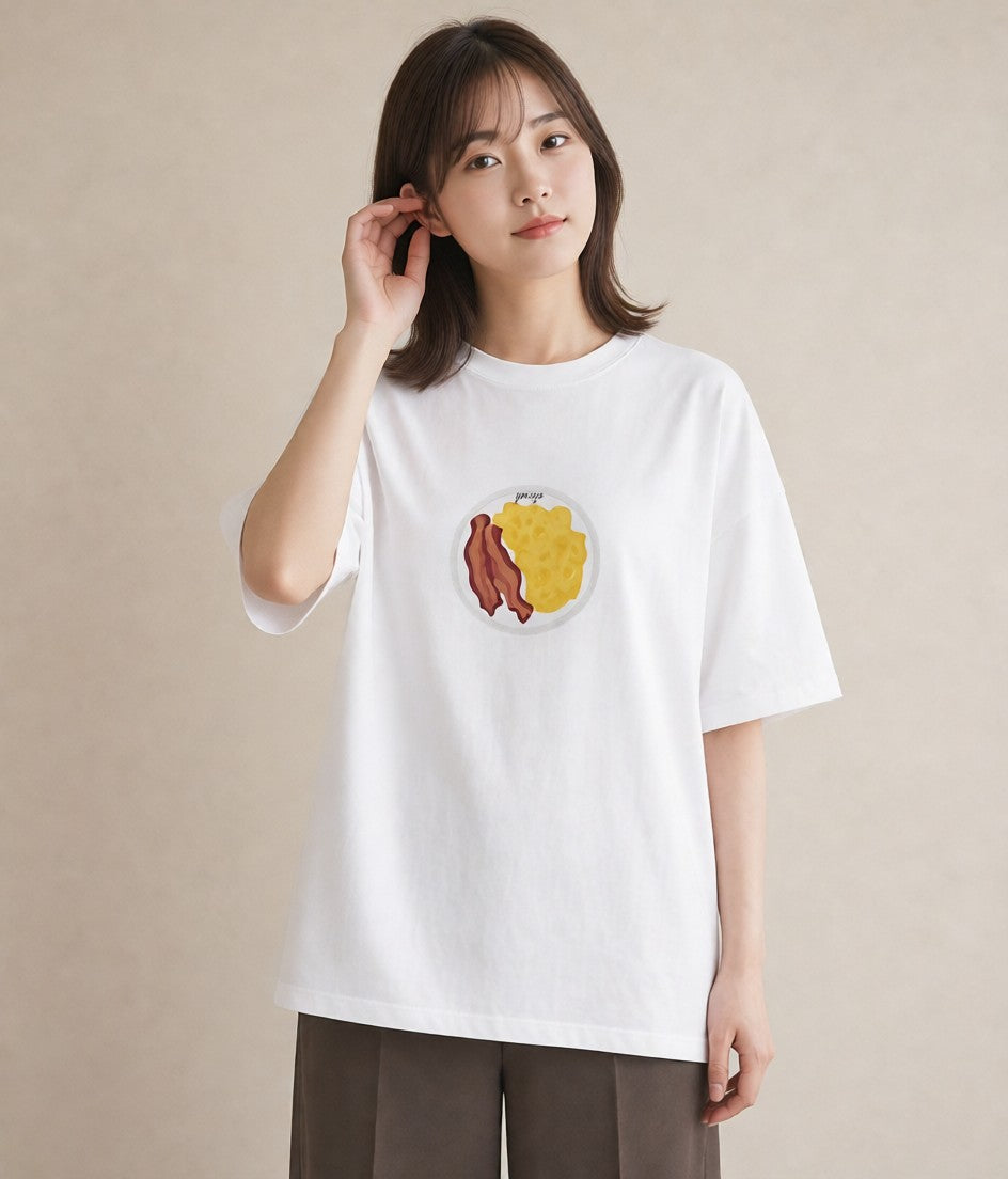 半袖Tシャツ レディース 目玉焼き 食べ物 フード イラスト カジュアル 敬老の日 ホワイトデー 白T YMAZO