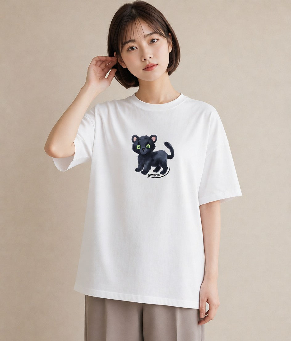 Tシャツ レディース 黒猫 猫 ねこ イラスト 可愛い 通学 誕生日プレゼント 白T YMAZO