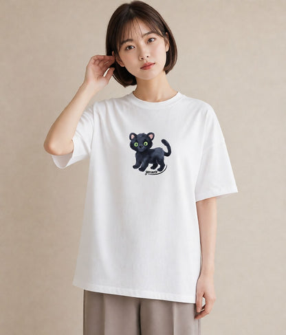 Tシャツ レディース 黒猫 猫 ねこ イラスト 可愛い 通学 誕生日プレゼント 白T YMAZO