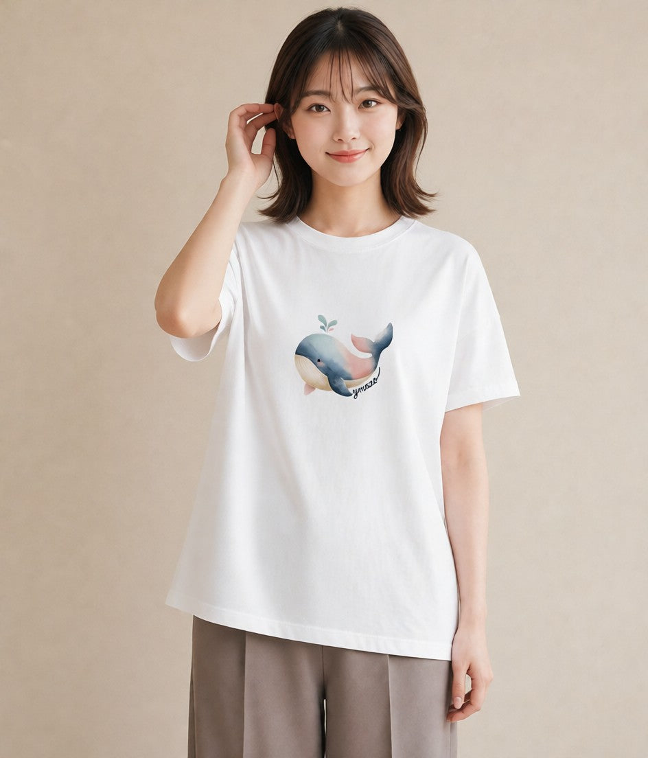 Tシャツ レディース イルカ 海の生き物 海 イラスト 抜け感 送別ギフト 通勤 白T YMAZO