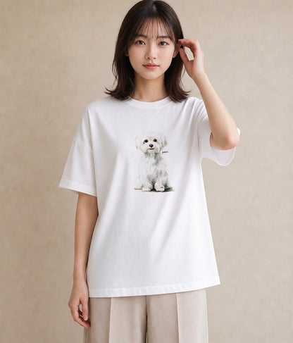 半袖Tシャツ レディース マルチーズ 犬 いぬ イラスト ニュアンス 在宅 公園 白T YMAZO