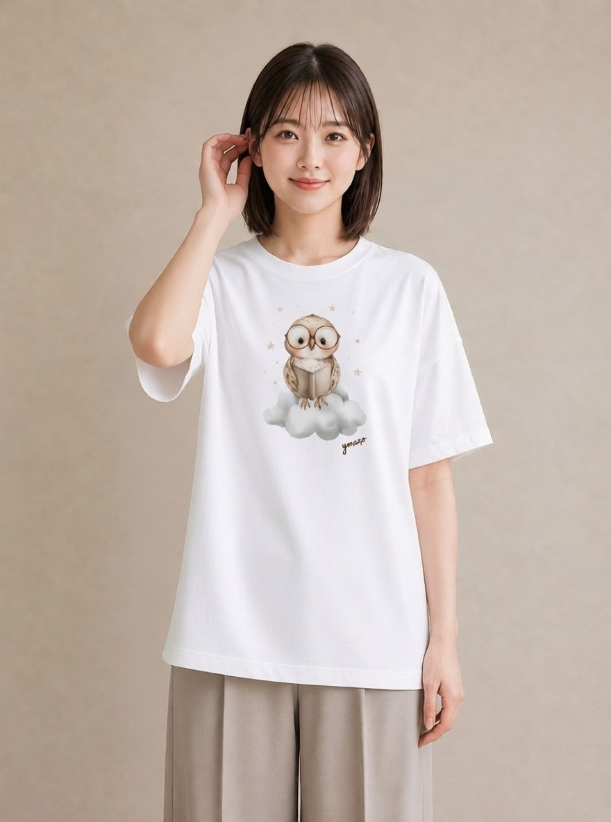 デザインTシャツ レディース シロフクロウ 動物 アニマル イラスト きれいめ ギフト 母の日 白T YMAZO