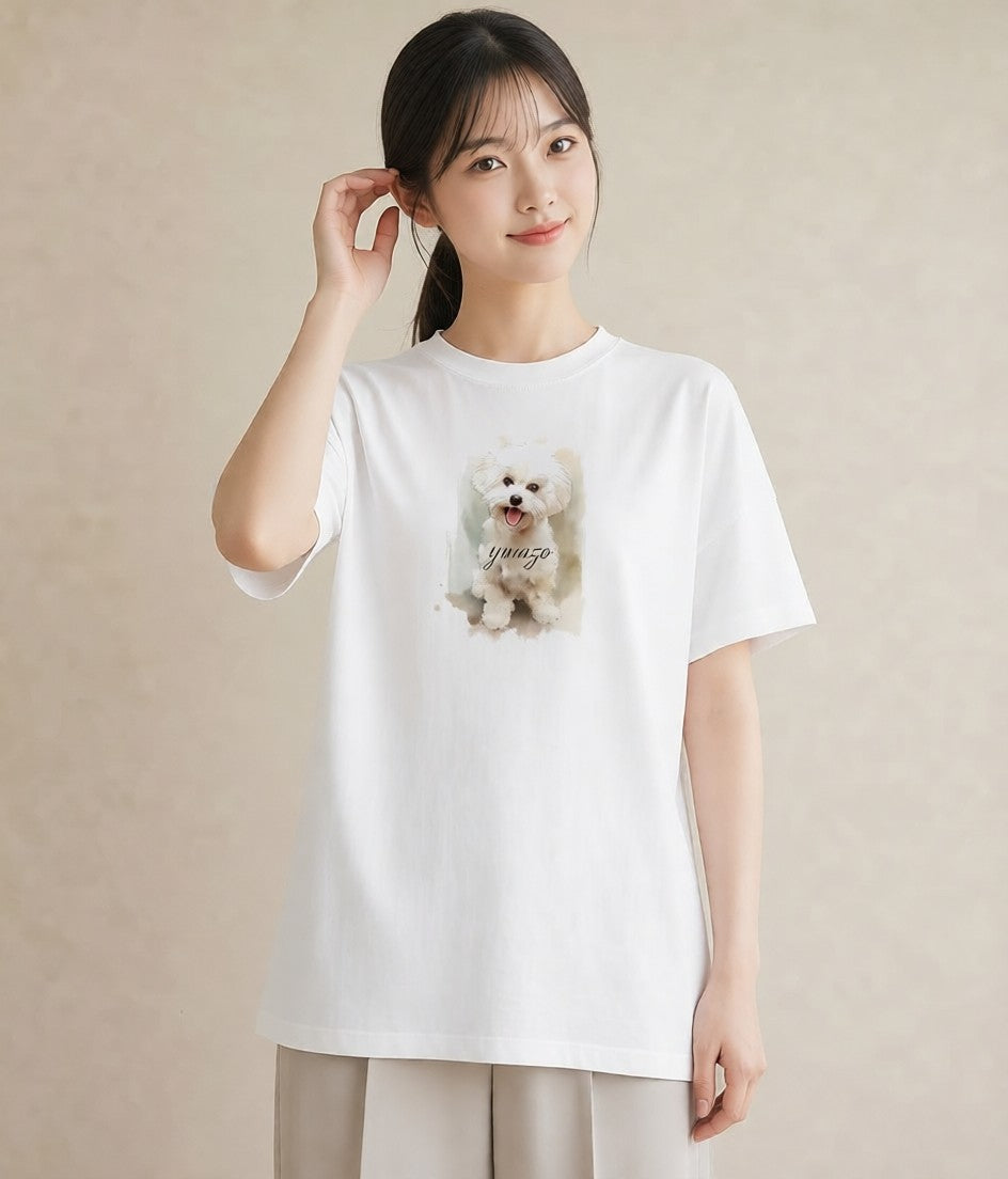 半袖Tシャツ レディース ビションフリーゼ 犬 いぬ イラスト 水彩風 公園 ママ 白T YMAZO