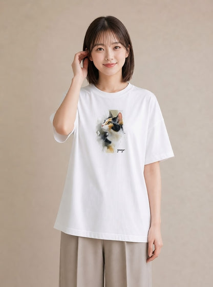 半袖Tシャツ レディース 靴下猫 猫 ねこ イラスト アート風 帰省 ラフ 白T YMAZO