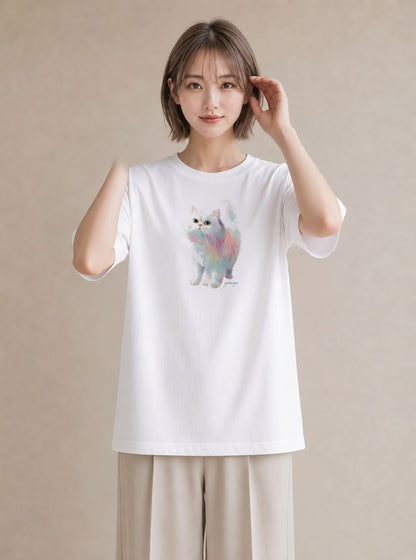 半袖Tシャツ レディース 子猫 猫 ねこ イラスト 在宅 公園 白T YMAZO