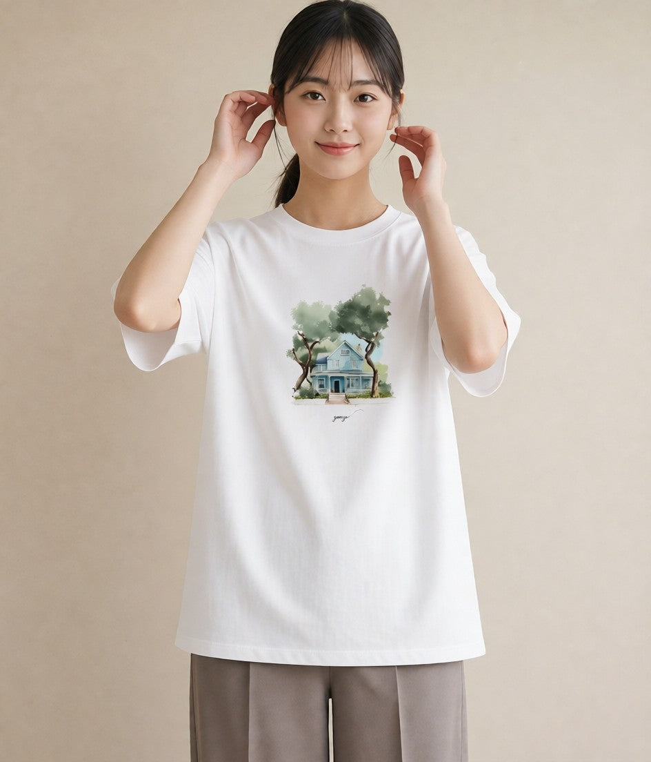 プリントTシャツ レディース 湖畔の小屋 湖 小屋 ナチュラル アンティーク イラスト アート風 ミセス 春コーデ 白T YMAZO