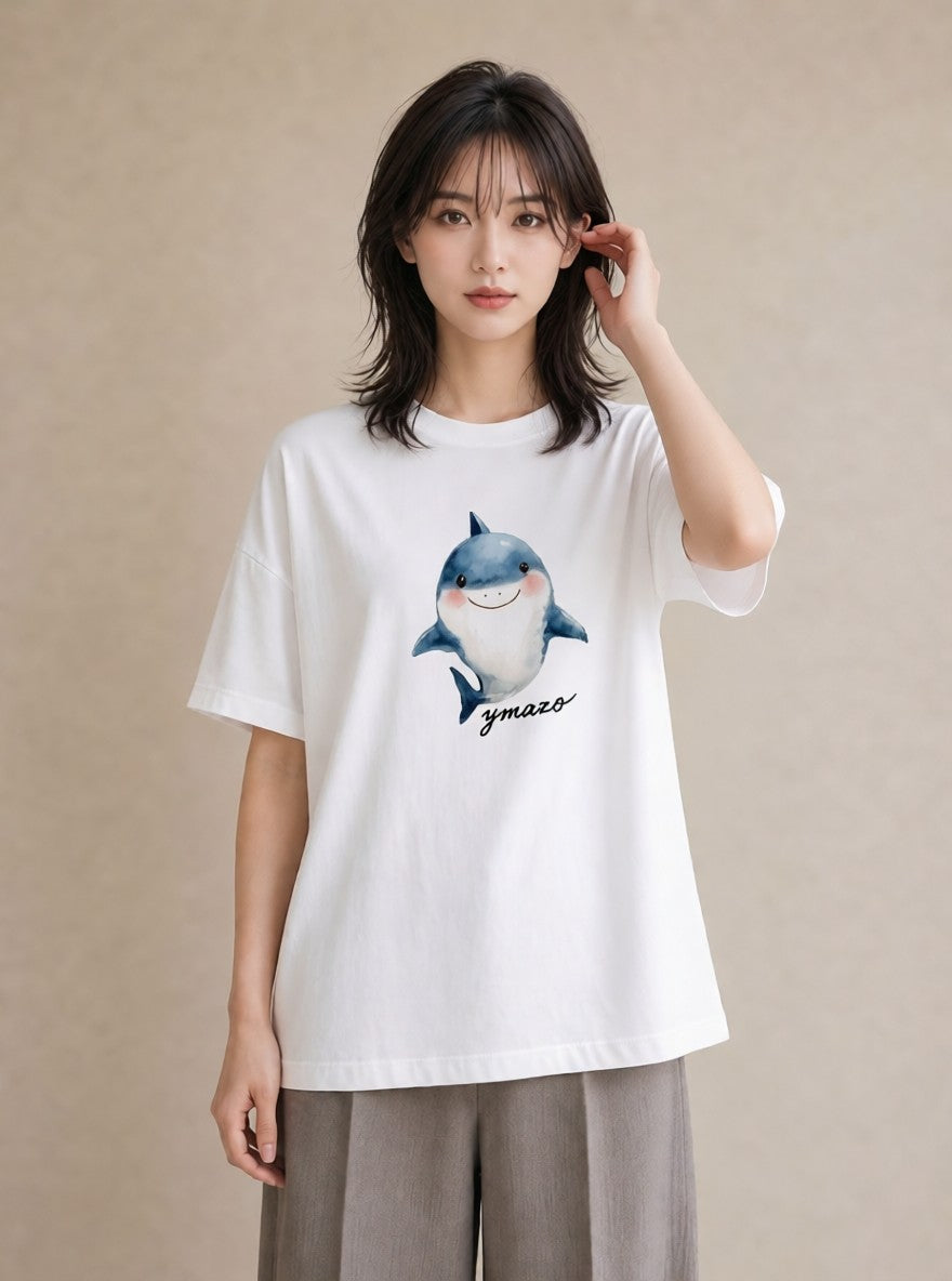 半袖Tシャツ レディース クジラ 海の生き物 海 イラスト きれいめ 買い物 夏コーデ 白T YMAZO