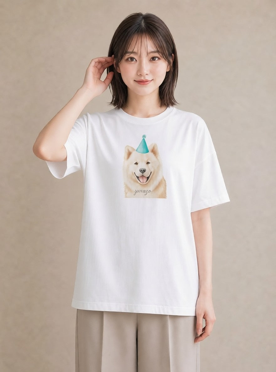 半袖Tシャツ レディース サモエド 犬 いぬ イラスト 可愛い 母の日 ビーチ 白T YMAZO