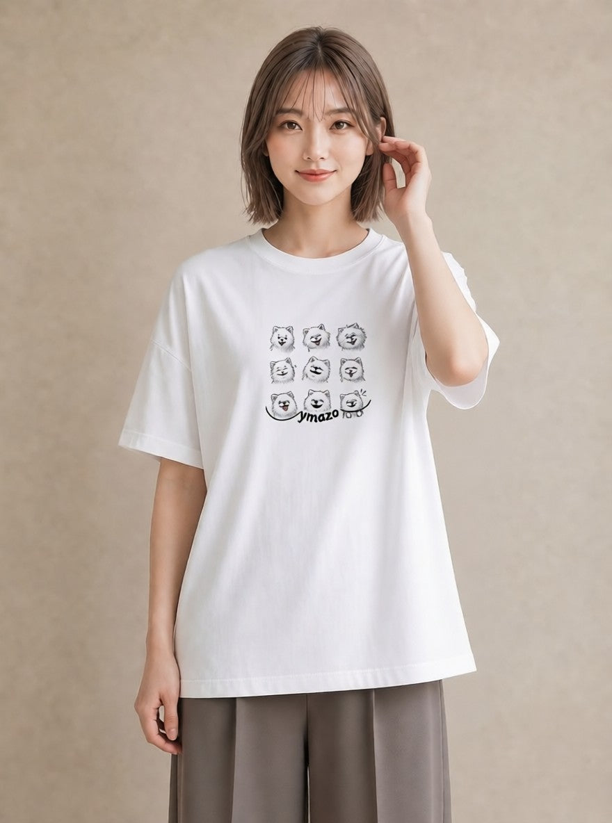 グラフィックTシャツ レディース ポメラニアン ポメ 犬 いぬ イラスト 抜け感 レイヤード 友達ギフト 白T YMAZO