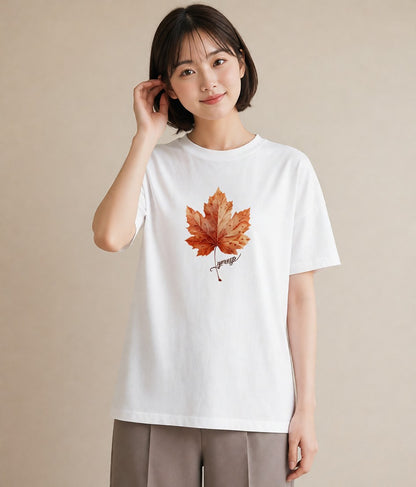 グラフィックTシャツ レディース 落ち葉 植物 ボタニカル イラスト 抜け感 休日 ペアコーデ 白T YMAZO