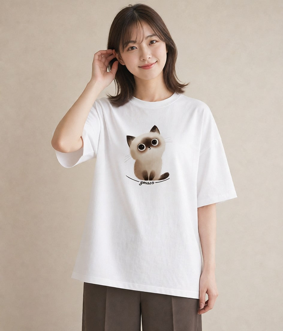 グラフィックTシャツ レディース スコティッシュフォールド 猫 ねこ イラスト シンプル ホワイトデー 春服 白T YMAZO