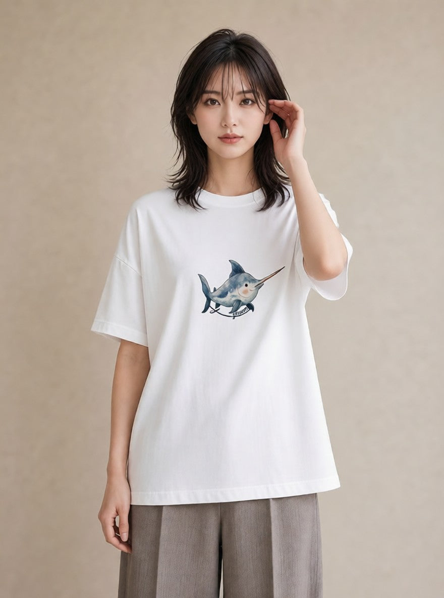 デザインTシャツ レディース イルカ 海の生き物 海 イラスト 手描き風 ルームウェア ギフト 白T YMAZO