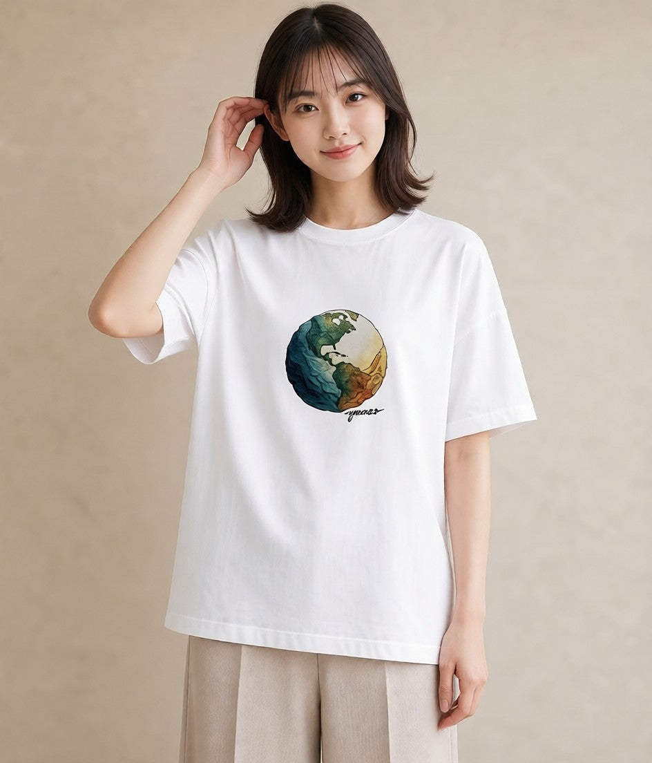 Tシャツ レディース プラネット 星空 宇宙 イラスト 淡色 綿100 デート 白T YMAZO