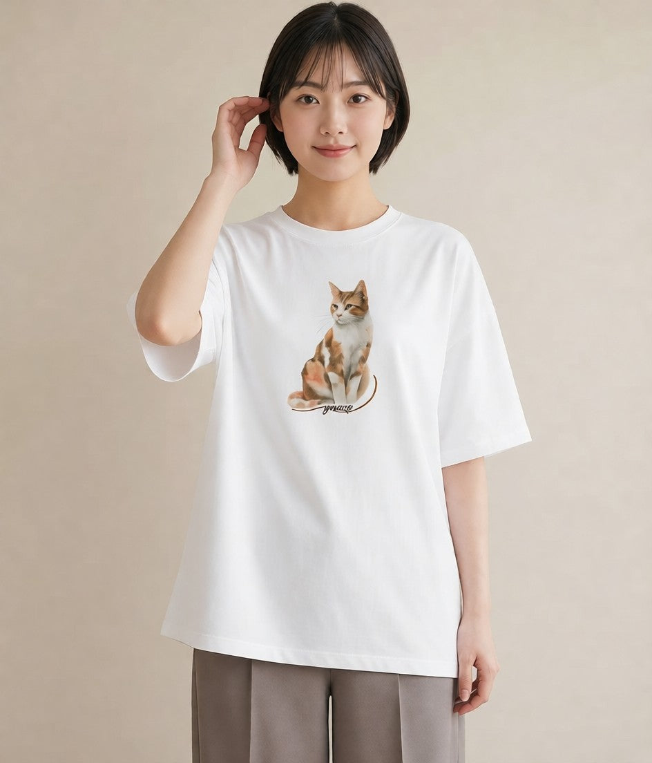 グラフィックTシャツ レディース 白猫 猫 ねこ イラスト カフェコーデ レイヤード 友達ギフト 白T YMAZO