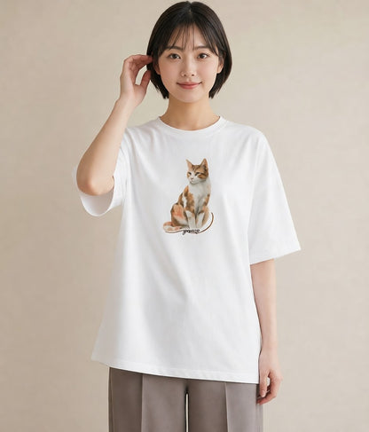 グラフィックTシャツ レディース 白猫 猫 ねこ イラスト カフェコーデ レイヤード 友達ギフト 白T YMAZO