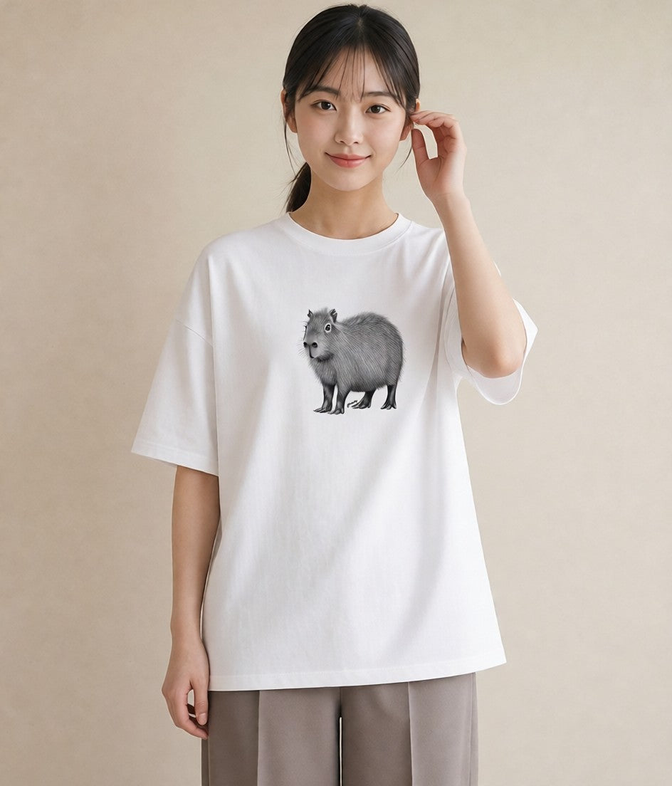 グラフィックTシャツ レディース カピバラ かぴばら 動物 アニマル イラスト 抜け感 ペアコーデ 秋コーデ 白T YMAZO