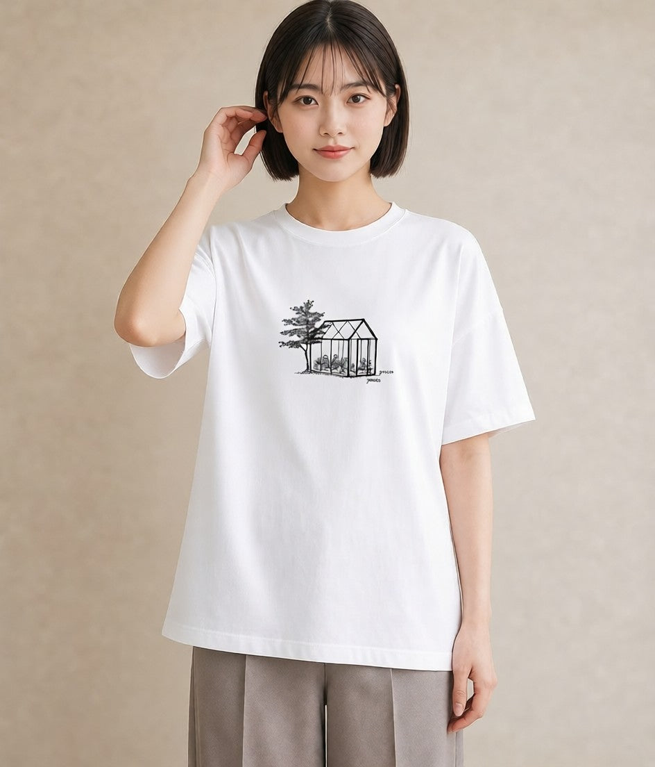 グラフィックTシャツ レディース 灯りの家 小屋 夜 ナチュラル アンティーク イラスト 水彩風 散歩 お出かけ 白T YMAZO
