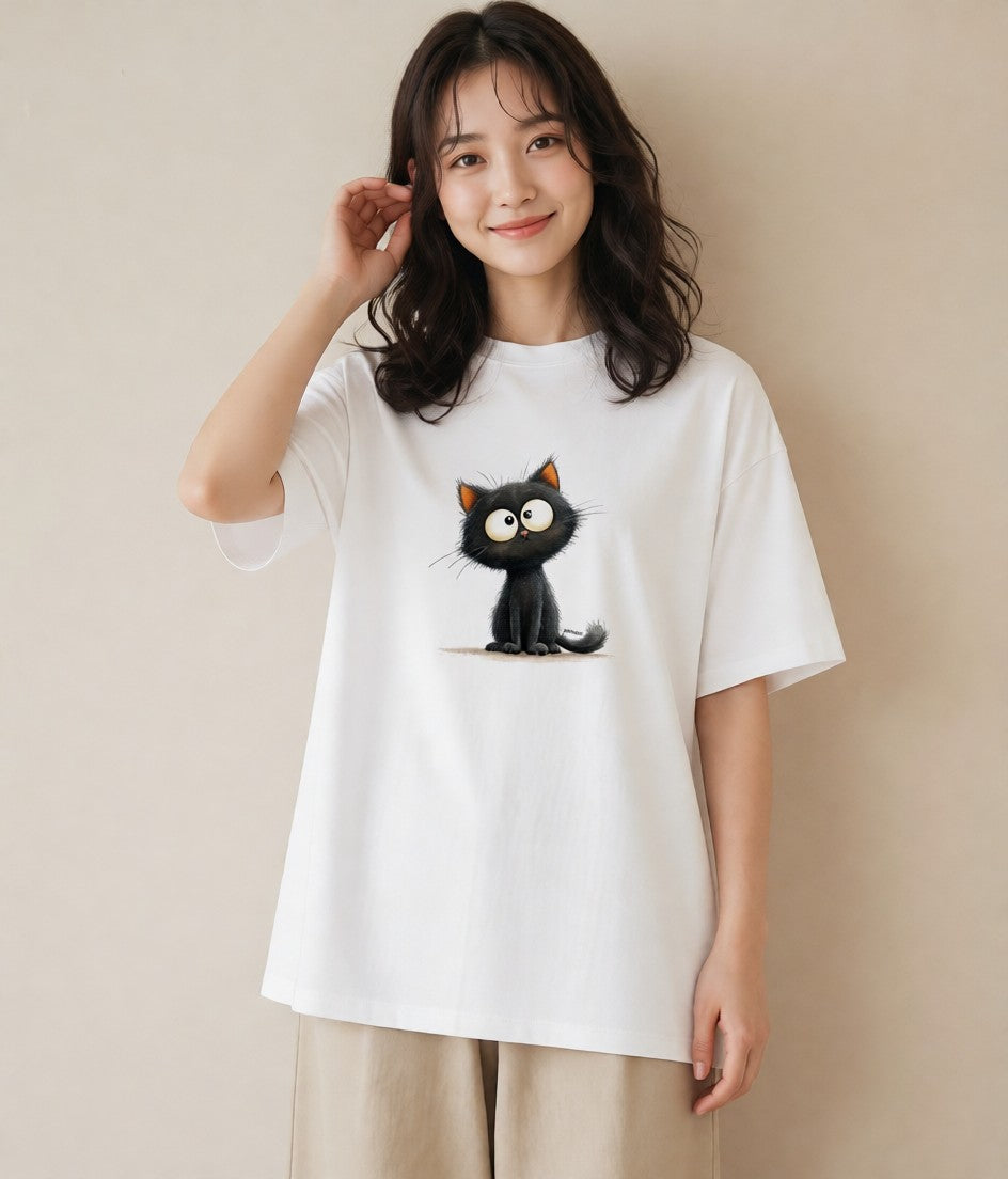 グラフィックTシャツ レディース 黒猫 猫 ねこ イラスト 20代 カジュアルコーデ 白T YMAZO