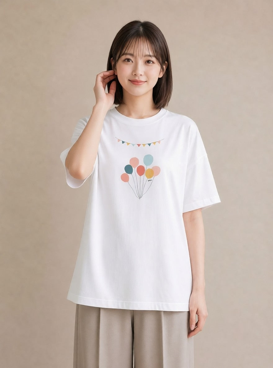 プリントTシャツ レディース 紙風船 和紙 ナチュラル アンティーク イラスト レトロ 自分用 ルームウェア 白T YMAZO