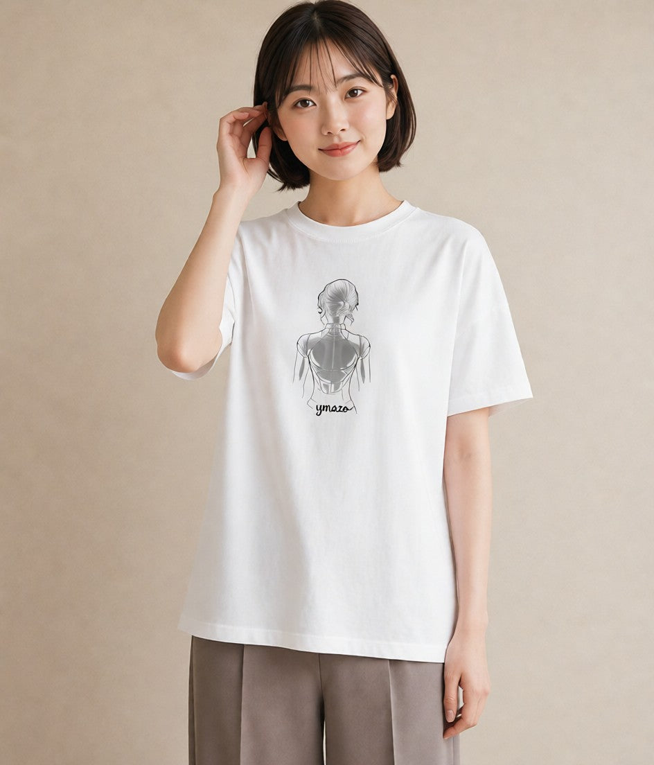 半袖Tシャツ レディース 女の子 ガール 後ろ姿 イラスト ヴィンテージ風 買い物 夏コーデ 白T YMAZO