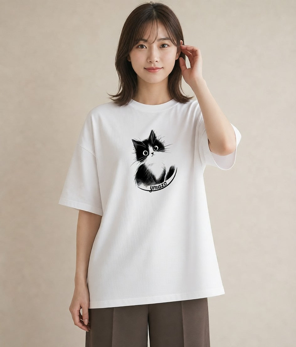 グラフィックTシャツ レディース 靴下猫 猫 ねこ イラスト ボタニカル お出かけ 普段着 白T YMAZO