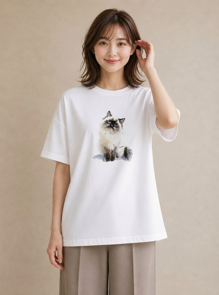 プリントTシャツ レディース スコティッシュフォールド 猫 ねこ イラスト ニュアンス クリスマス 旅行 白T YMAZO