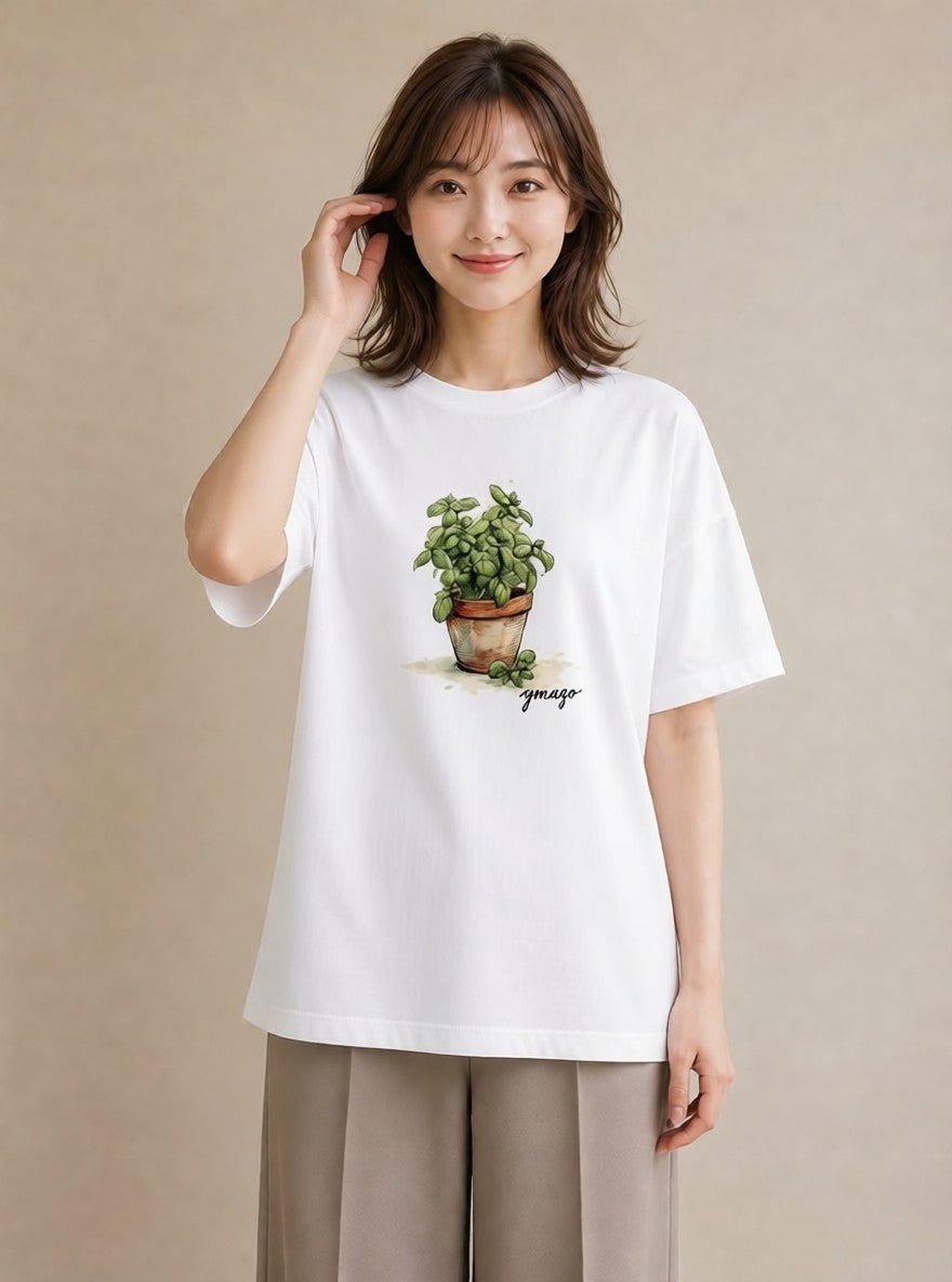 Tシャツ レディース ハーブ 植物 ボタニカル イラスト きれいめ 母の日 ビーチ 白T YMAZO
