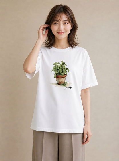 Tシャツ レディース ハーブ 植物 ボタニカル イラスト きれいめ 母の日 ビーチ 白T YMAZO