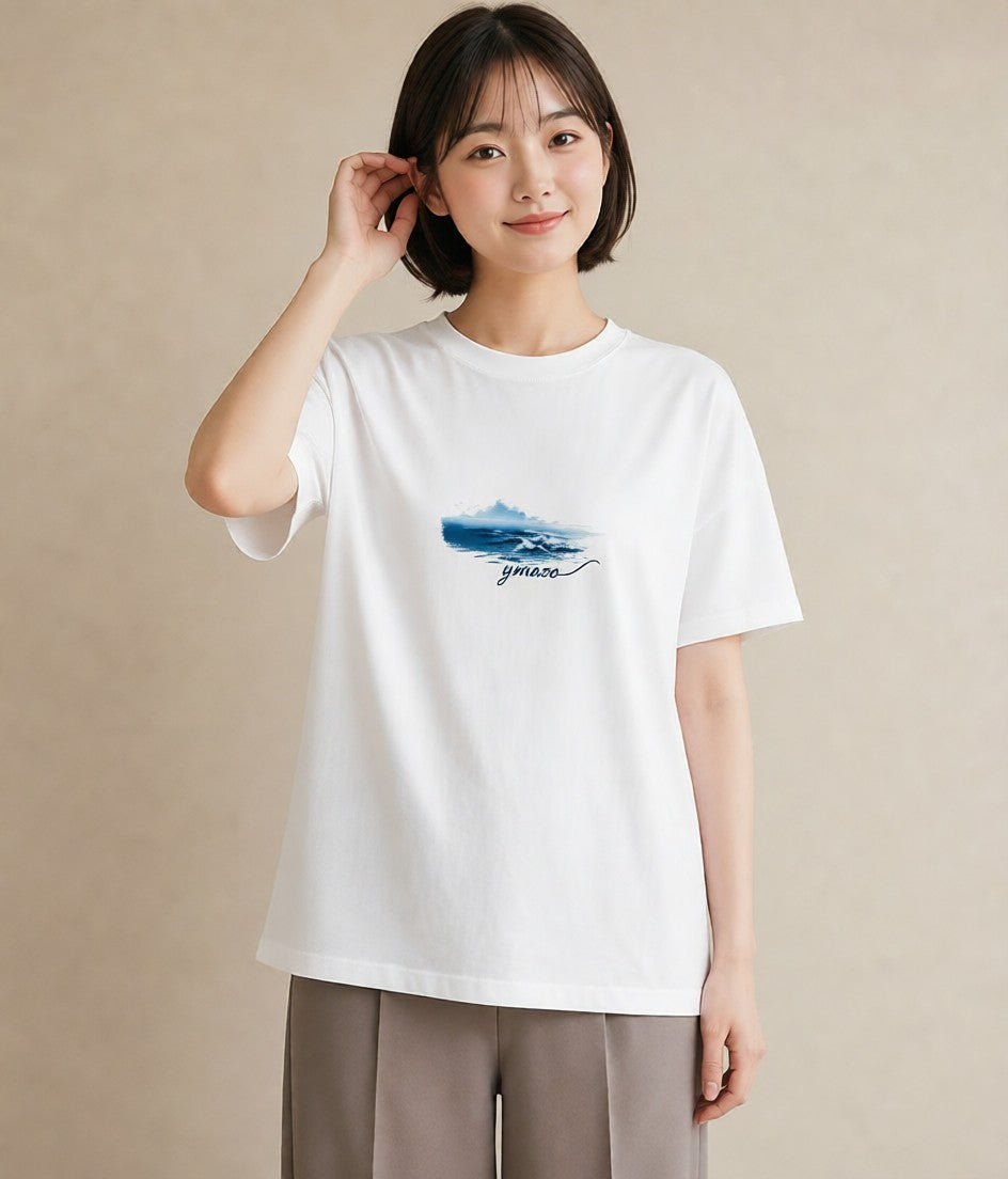 半袖Tシャツ レディース 波 星空 宇宙 イラスト シンプル おしゃれギフト 社会人 白T YMAZO