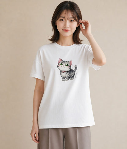 半袖Tシャツ レディース ぶち猫 猫 ねこ イラスト 上品 レイヤード 友達ギフト 白T YMAZO