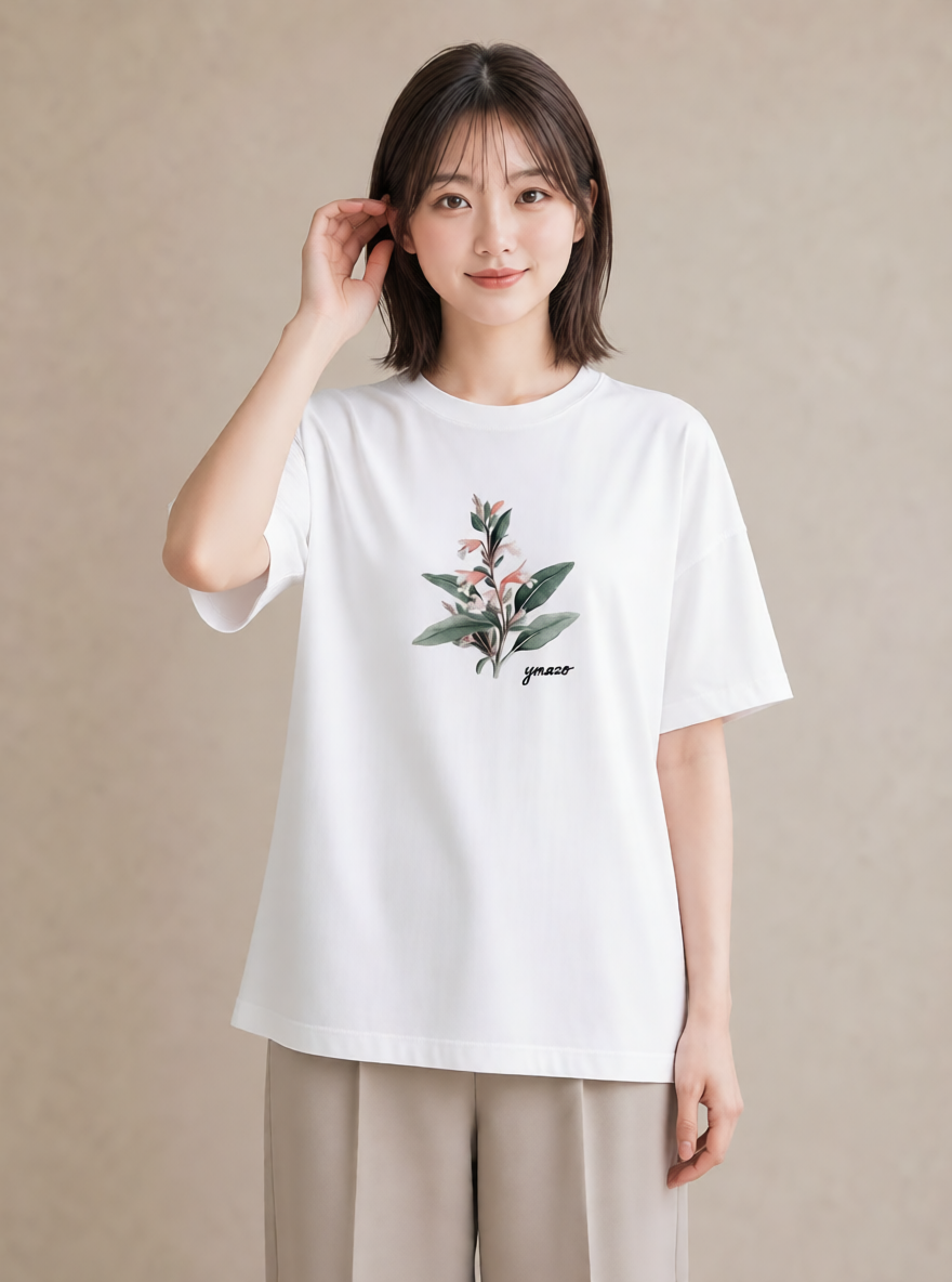 Tシャツ レディース 金木犀 花 花柄 イラスト ラフ カフェ服 クリスマス 白T YMAZO