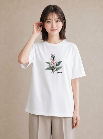 Tシャツ レディース 金木犀 花 花柄 イラスト ラフ カフェ服 クリスマス 白T YMAZO