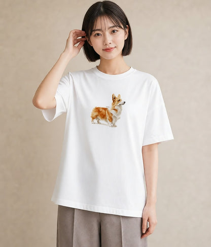 デザインTシャツ レディース ウェルシュコーギー コーギー 犬 いぬ イラスト カジュアル 秋コーデ おしゃれギフト 白T YMAZO
